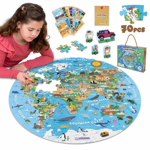 BONNYCO XXL Puzzle Kinder Weltkarte mit 70 Große Teile. Rund Kinderpuzzle