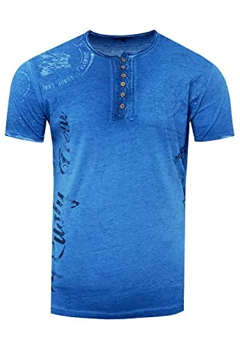 Rusty Neal Herren T-Shirt Rundhals Knopfleiste Tee Shirt Kurzarm Regular Fit Stretch 100% Baumwolle S M L XL XXL 3XL 241, Farbe:Indigo, Größe:L