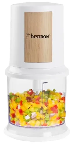 Bestron elektrischer Multi-Zerkleinerer, Universalzerkleinerer mit zwei Schneidemessern & 500ml Kapazität, große Pulstaste, 3.000 U/min, AKC200NH, Nordic Home Kollektion, Farbe: Mattweiß/Holz