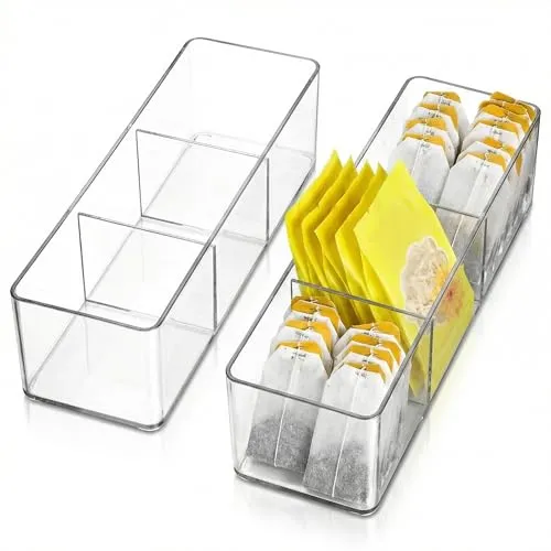 QWORK® 2 Stück Acryl Teebeutel Aufbewahrungsbox Organizer für Teebeutel, Kaffeebeutel, Kaffeepads, Süßstoffe, Zucker und mehr (3 Fächer)