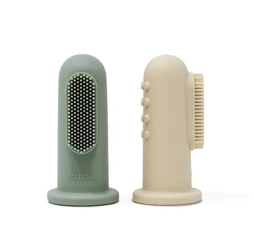 Mushie Zahnbürste Cambridge Blau/Shifting Sand, Fingerzahnbürste 2er Set Grün Beige Silikon BPA-frei Fingerling Baby Zahnbürste