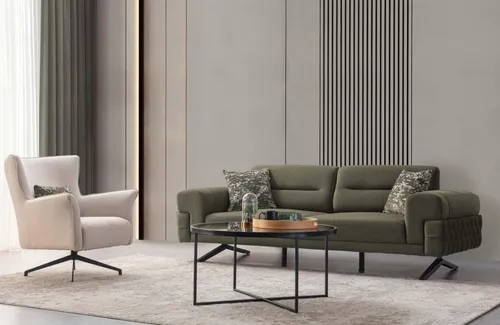 Exklusive Grün-Weiße Wohnzimmer Sitzgarnitur – Dreisitzer mit Polstersessel