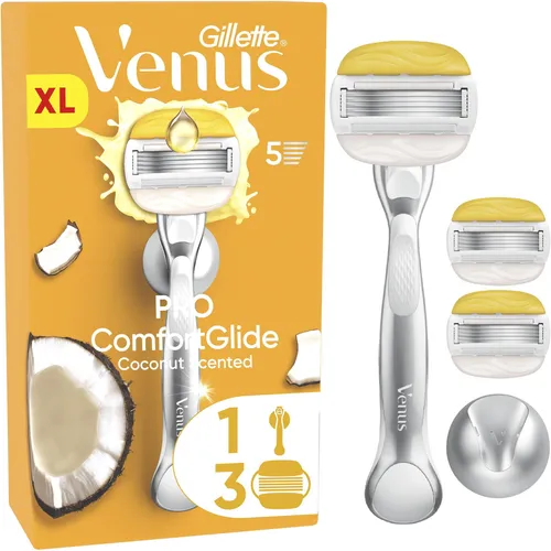 Venus Comfortglide Coconut mit Olay - Systemrasierer für Frauen mit 5 Klingen für eine sanfte Rasur. Feuchtigkeitsstäbe von Olay sorgen für ein angenehmes Gleiten und hinterlassen einen Kokosduft.