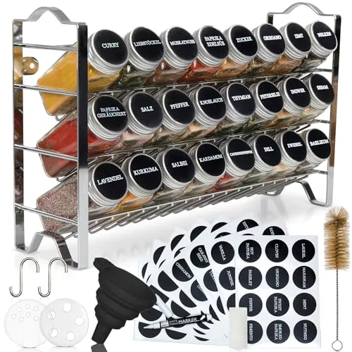 Deco haus® Gewürzregal mit Gewürzgläser - 3 stufiges Metall Regal - Küchen Organizer Set, Gewürzregal Stehend mit 24 Gewürzdosen, 48 Etiketten, Pinsel, Trichter - Stehend & hängend verwendbar