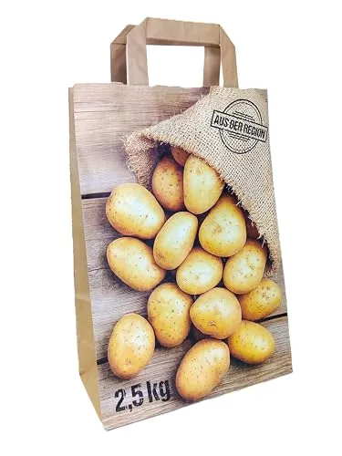 Papiertragetaschen KARTOFFELN - braun mit Flachhenkel (22 + 10 x 31 cm, 25 Stück)