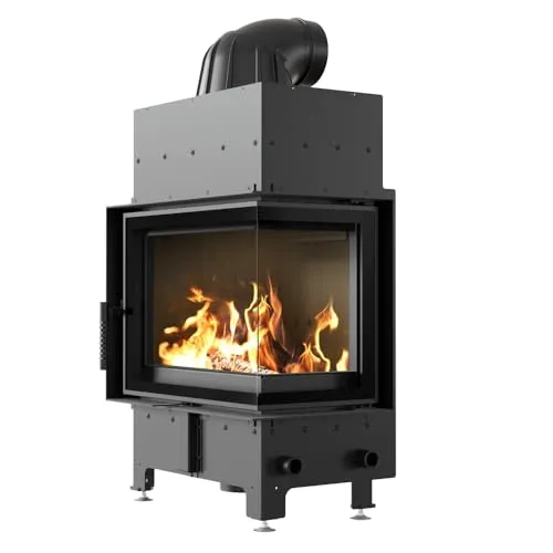 KRATKI-Luftkamin FLOKI S rechts 8 kW Ø 160 - Kaminofen mit beidseitiger Feuersicht und modernem Design, ideal für offene Räume. Auskleidung mit TERMOTEC-Speichermaterial sorgt für effiziente Wärmehaltung und längere Verbrennung.