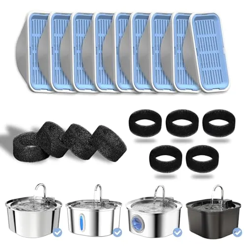 Katzen-Wasserbrunnenfilter, Ersatz- und Vorfilterschwämme für 3,2 L/108 oz automatischen Haustierbrunnen, Hundewasserspender, 9er-Pack Filter und 9 Vorfilterschwämme, Schaumstofffilter