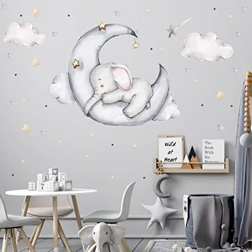 WANDKIND Elefant auf dem Mond Wandtattoo V311 | Handgezeichnet für Kinderzimmer - Hochwertiges Wandtattoo mit Elefant auf dem Mond, ideal für Kinderzimmer. Leicht anzubringen und abzulösen, gefertigt aus ungiftigen Materialien – perfekt für eine kreative Raumgestaltung!