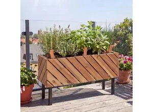 Pflanzkasten MVG-P87 aus Akazie, 36x62x22cm, In- und Outdoor - Moderner Pflanzkasten aus langlebigem Akazienholz mit stabilem Metallgestell. Ideal für Balkon und Terrasse, inklusive herausnehmbarem Kunststoffeinsatz mit Ablauflöchern für einfaches Bepflanzen.