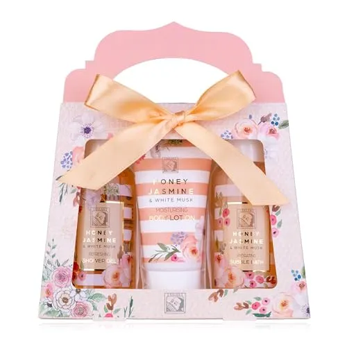 Produktbild Accentra – Duschset Frauen Geschenkset HONEY JASMINE in schöner Geschenkbox – 3-teiliges Pflegeset mit Duschgel, Bodylotion und Schaumbad – Wellness Geschenk Set zum Geburtstag & Valentinstag