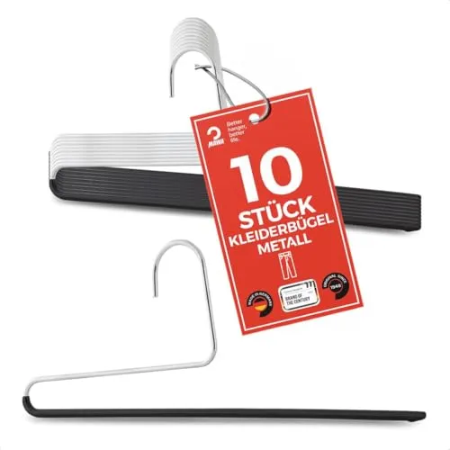MAWA Hosenbügel Links, Set mit 10 platzsparenden Kleiderbügel, ideal für Jeans, Stoffhosen und Anzughosen, mit antirutschbeschichtetem Steg, 35 cm, Schwarz