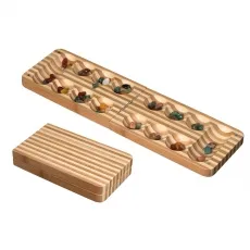 Kalaha Reisespiel aus Bambus - Klappbar mit Magnetverschluss - Gesellschaftsspiel für 2 Spieler, ab 6 Jahren. Klappbares Design aus Bambus mit Magnetverschluss, ideal für unterwegs. Inklusive 60 Spielsteinen aus Naturstein in verschiedenen Farben.
