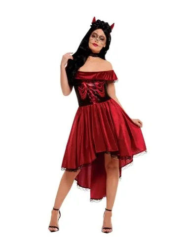 Smiffys Day-of-the-Dead-Teufelskostüm, Rot - Kostüm-Outfits für Erwachsene, inklusive Kleid und Stirnband, sorgt für einen beeindruckenden Auftritt an Halloween oder Kostümpartys, sicher und geprüft nach EU-Standards.