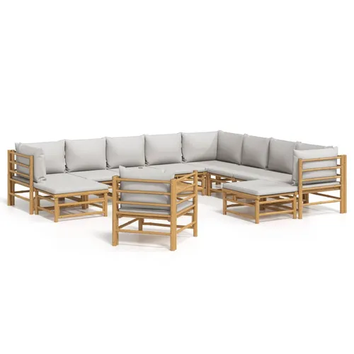 vidaXL 12-tlg. Garten-Lounge-Set mit Hellgrauen Kissen aus Bambus - Elegantes Garten-Lounge-Set aus robustem Bambus mit bequemen, dick gepolsterten Kissen für höchsten Komfort. Perfekt für entspannte Stunden im Freien!