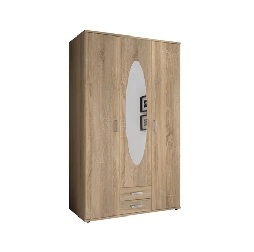 Kleiderschrank Paul in Eiche Sonoma - 120x195x55cm - Schwebetürenschrank in Eiche Sonoma Nachbildung, bietet viel Stauraum mit 2 Schubkästen und Spiegeltür, ideal für kleine Schlafzimmer.