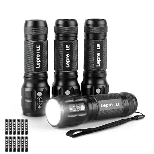 LE LED Taschenlampe (4er-Pack), Zoombare Flashlight für Kinder, Schwarz | Extrem Hell Zoombare Mini Taschenlampen (Inklusive Batterie), Tragbare Wasserdichte Handlampe für Camping, Outdoor, Notfälle