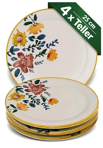Lashuma Teller Set 4 teilig, Speiseteller bunt Blütenfest, große Servierteller rund 25 cm Ø