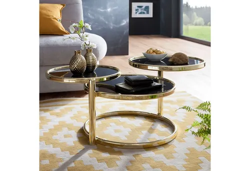 FINEBUY Couchtisch SuVa13947_1 - Ausziehbarer Wohnzimmertisch mit 3 Tischplatten in Schwarz Gold - Eleganter Couchtisch mit 3 runden Tischplatten aus Sicherheitsglas und goldfarbenem Metallgestell. Ausziehbar für flexiblen Platzbedarf – ideal für jeden Wohnstil!