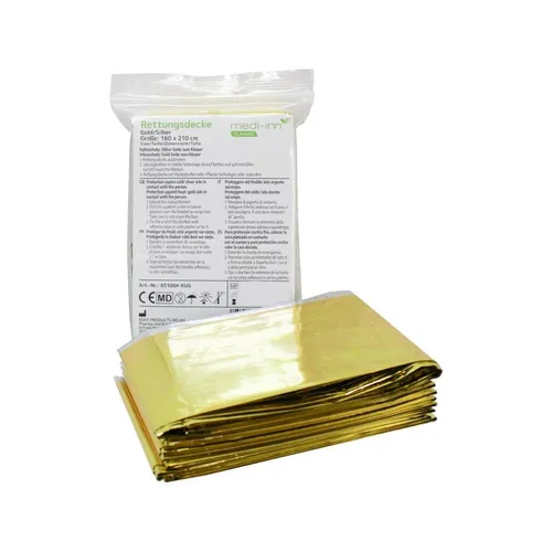 Medi-Inn Rettungsdecke Gold/Silber 160 x 210 cm - Bewährte Notfalldecke für Wärme- und Kälteschutz, ideal für Unfälle, Camping und Outdooraktivitäten. Ultradünn, leicht und kompakt verpackt – der perfekte Begleiter für jede Situation.
