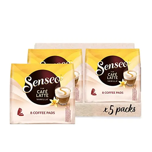 Senseo Pads Café Latte Vanilla, 5 x 8 Getränke - Kaffeepads mit sanftem Aroma und feiner Vanillenote, ideal für Ihre SENSEO Pad-Maschine. Genießen Sie köstliche Kaffee- und Milch-Spezialitäten.