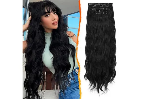 LuxusKollektion Kunsthaar-Extension Clip in Haarverlängerungen 5 Stück Welliges Haarteil Schwarz 50 cm