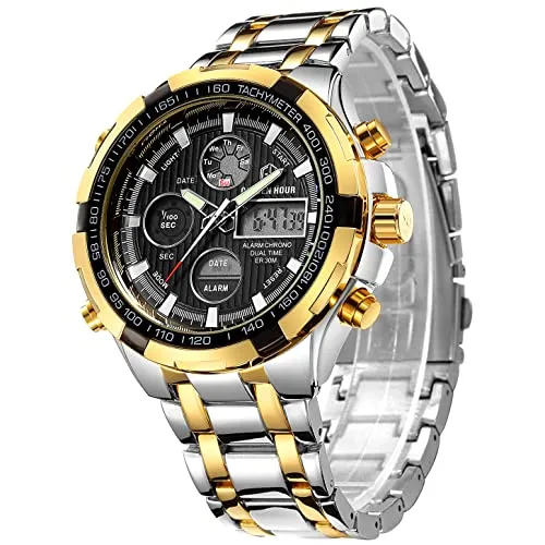GOLDEN HOUR Luxus Edelstahl Analoge Digitaluhr für Herren - Armbanduhren für Herren mit hochwertigem japanischem Quarzuhrwerk, wasserdicht bis 30 m und ideal für Sport und Outdoor-Aktivitäten.