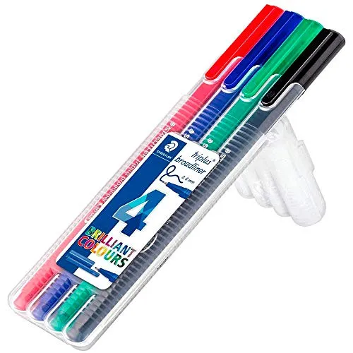 STAEDTLER 338 SB4 broadliner triplus (ergonomische Dreikantform, Dry Safe, Tinte auf Wasserbasis, Strichbreite 0,8 mm, auswaschbar, aufstellbare STAEDTLER Box mit 4 farblich sortierten Broadlinern)