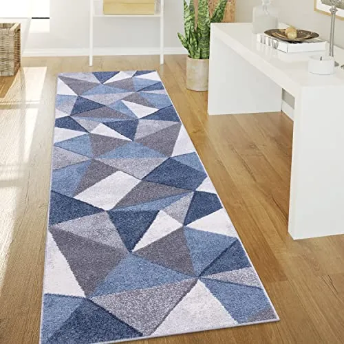 Paco Home Teppich Wohnzimmer Kurzflor Vintage Stil Abstrakt Modernes Geometrisches Rautenmuster Design, Grösse:80x300 cm, Farbe:Blau