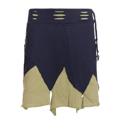 Vishes Alternative Bekleidung - Damen Mini-Rock Baumwolle Patchwork A-Linie extra breiter Bund mit Kordel-Zug und Taschen schwarz-Olive 40