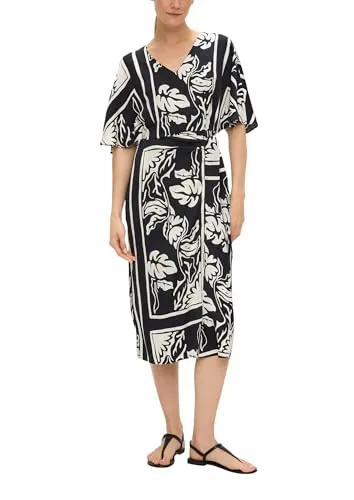 s.Oliver BLACK LABEL Minikleid - Elegantes satinierte Viskose-Kleid mit All-over-Print, ideal für besondere Anlässe. Größe 36, Regular Fit und V-Ausschnitt sorgen für perfekten Sitz und Stil.