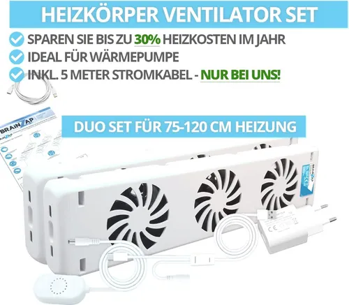 BRAINZAP Heizkörper Ventilator - Duo-Set für effiziente Wärmeverteilung - Verbessern Sie die Luftzirkulation um Ihre Heizkörper mit diesem effektiven Duo-Set. Profitieren Sie von einer einfachen Installation und sparen Sie Heizkosten durch gleichmäßige Wärmeverteilung.