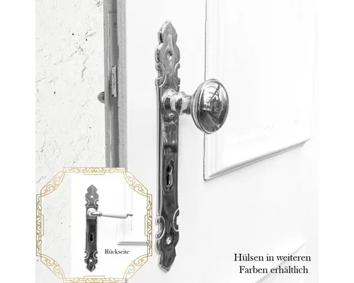 Antikas Türbeschlag mit Türklinke & Knauf - BB72 - Eleganter Zimmertür-Beschlag in poliertem Nickel mit nostalgischem Porzellangriff, ideal für historische Türen und Denkmalpflege. Verleiht jedem Raum ein gehobenes Ambiente.