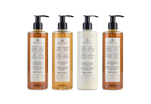 Sarcia.eu Körperpflegemittel PRIJA Set:Shampoo, Duschgel, Flüssigseife, Feuchtigkeitscreme 4x380ml