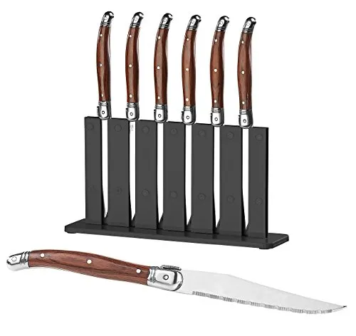 Rosenstein & Söhne Pizzamesser: 6er-Set Laguiole-Steakmesser mit Pakkaholz-Griff und Messerständer (Steakbesteck, Steak-Messer, Küchenmesser)