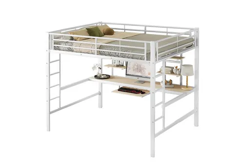 Hochbett mit Rausfallschutz und Schreibtisch, 140x200 cm, Metallbett - Weiß - Hochbett mit integriertem Schreibtisch und Rausfallschutz für sicheres Spielen und Lernen. Stabiler Metallrahmen, ideal für Kinder ab 6 Jahren. Perfekt für kleine Räume.