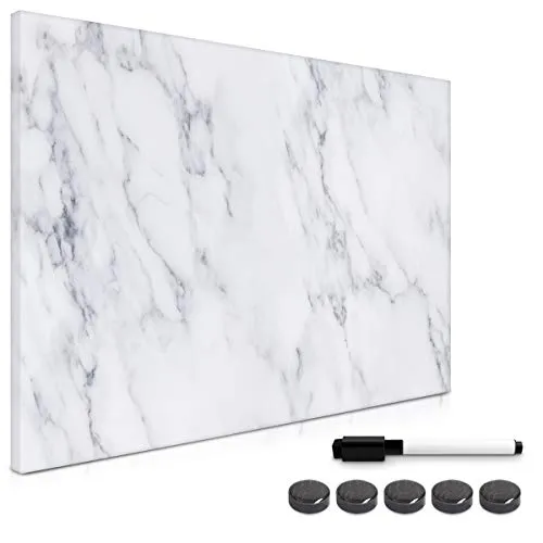 Navaris Magnettafel Memoboard - White Marble, 60 x 40 cm - Memoboard im eleganten weißen Marmor-Design, ideal für kreative Notizen. Magnethaftend und beschreibbar, perfekt für Zuhause oder im Büro. Inkl. 5 Magnete und Marker.