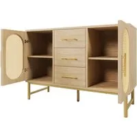 OKWISH Sideboard Rattan Kommode mit 3 Schubladen und 2 Türen, Sonoma Eiche