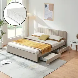 Polsterbett 'Nofrenna' 140x200 cm mit Matratze und Stauraum - Elegantes Doppelbett mit 4 praktischen Schubladen für zusätzlichen Stauraum. Ideal für gemütliche Schlafzimmer und bietet optimalen Schlafkomfort.