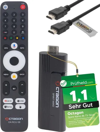 OCTAGON Spirit Nano 4K UHD Android TV Stick - Multimedia-Server mit Testnote 1.1, Bluetooth-Fernbedienung und HDR10+ für ein beeindruckendes Fernseherlebnis zuhause oder unterwegs.