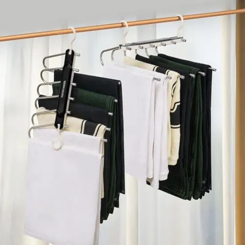 KIMIGO Hosenbügel Kleiderbügel Platzsparend,2 Stück 6-in-1 Edelstahl Kleiderbügel,Hosenkleiderbügel,Faltbar & rutschfest,für Hosen,Jeans,Schals,Handtücher,Kleiderschrank Organizer (Schwarz)