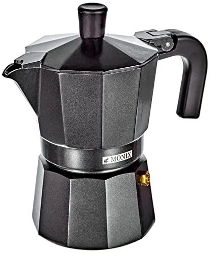 Monix Vitro Noir | Italienische Aluminium-Kaffeemaschine für 3 Tassen | Geeignet für alle Küchenarten außer Induktion
