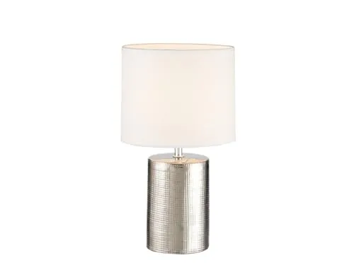 meineWunschleuchte Tischlampe mit Keramikfuß Silber Antik - Stilvolle Tischlampe mit dimmbarem E14 LED Leuchtmittel, ideal für stimmungsvolle Beleuchtung. Keramikfuß in Silber Antik und eleganter Leinen-Schirm, Höhe 35cm.