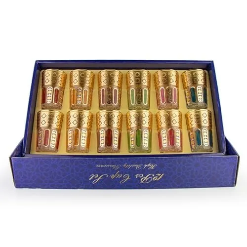 Saharashop 12 Gläser Set Trinkgläser Orientalische Marokkanische Teegläser Cay Atay Glas Trinkbecher Set Elite Gold Multi