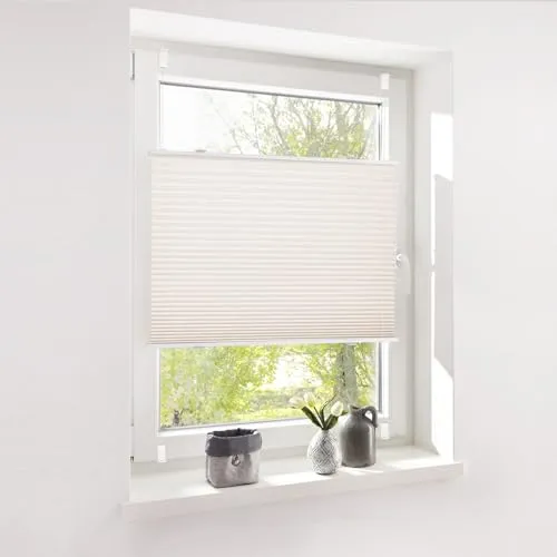Deswell Plissee ohne Bohren Klemmfix Creme B60 x H130 cm Plisseerollo Sonnenschutz und Sichtschutz Jalousien Easyfix Plissees Lichtdurchlässig Rollo für Fenster & Tür