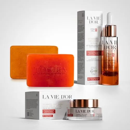 La Vie D'Or Premium Hautpflege-Set – Anti-Aging Serum + Gesichtscreme SPF 30 + Elythia Naturseifen – Stammzellentechnologie, Exozomen – Schweizer Qualität – Vegane Hautpflege