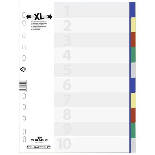Durable Ordnerregister Blanko 2x5fbg Überbreit - 10 Blatt, ideal zum Unterteilen von Prospekthüllen in DIN A4 hoch mit farbigen Taben