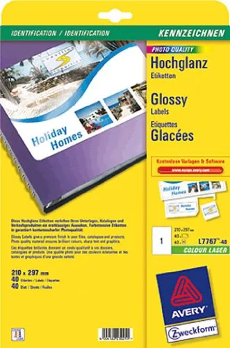 AVERY Zweckform L7767-40 Hochglanz-Etiketten - Universal-Aufkleber mit 40 hochglänzenden, selbstklebenden Aufklebern im A4-Format, ideal für kreative Anwendungen und garantiert staufreier Druck auf allen gängigen Druckern.