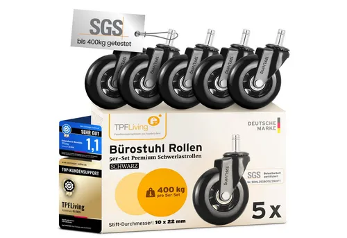 TPFLiving 5er-Set Premium Schwerlastrollen 10mm x 22mm – SGS-zertifiziert bis 400 kg - Hochwertige Schwerlastrollen für Bürostühle, die bis zu 400 kg tragen. Leise und bodenschonend, ideal für alle Böden. Einfache Montage mit Plug-in-System.