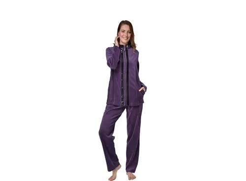 RAIKOU Damen Velours Hausanzug 2-tlg. mit Pailletten - Stylischer Loungewear-Anzug in Dunkel Lila, wärmend und bequem, ideal für entspannte Tage zu Hause.