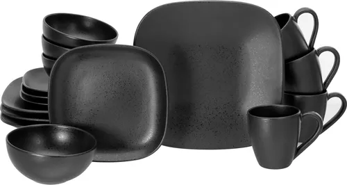 CreaTable 16818 Magic Black Square 16-teiliges Geschirrset - Kombiservice aus Steinzeug, spülmaschinen- und mikrowellengeeignet, mit eleganter matten Glasur und glänzenden Sprenkeln – ideal für jeden Anlass!